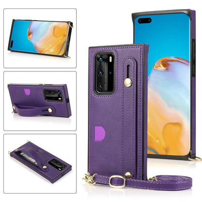 Purple PU+TPU protective phone case with wrist strap, lanyard, and card slot