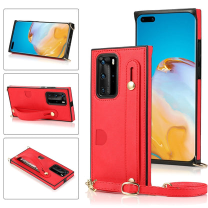 Red PU+TPU protective phone case with wrist strap, lanyard, and card slot