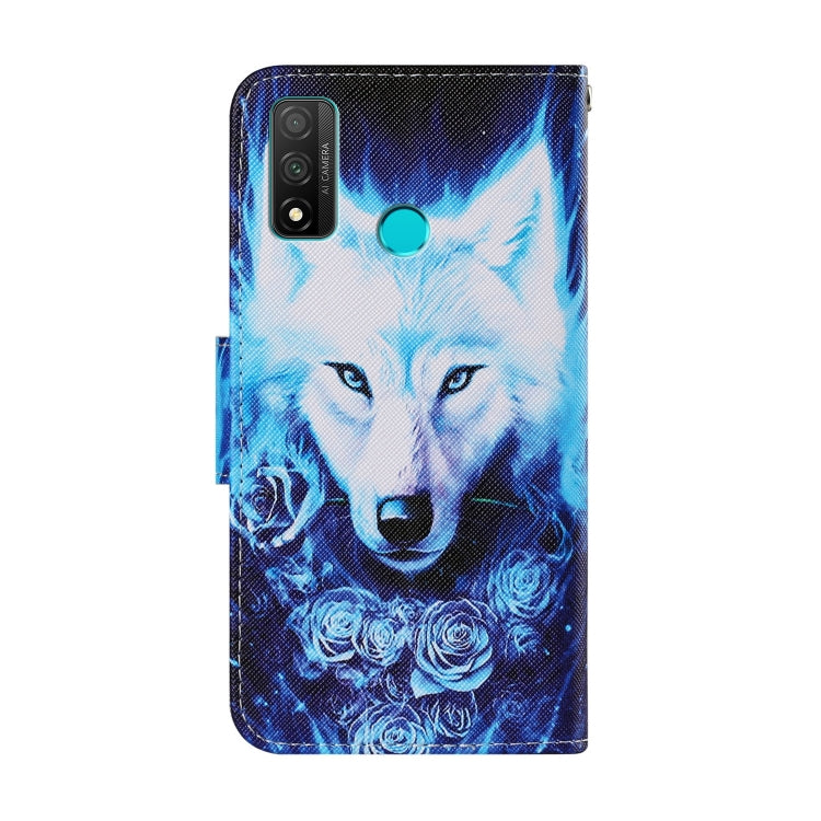 Blue wolf print PU leather flip phone case with camera cutout and teal button detail