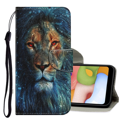 Lion face PU leather flip phone wallet case with lanyard and card slots.
