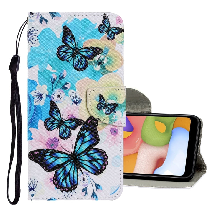 Blue butterfly PU leather flip phone wallet case with lanyard and card slots.