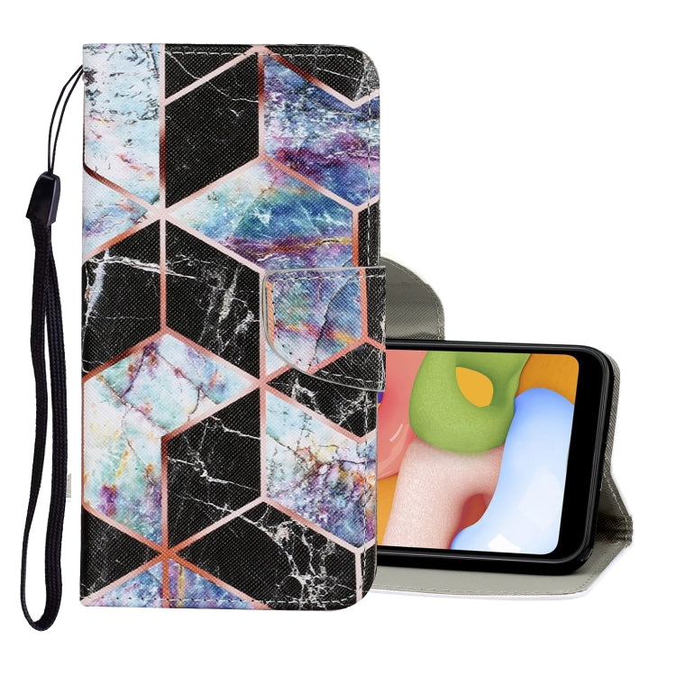 PU leather flip phone case with lanyard, black and blue marble cube pattern, card slots