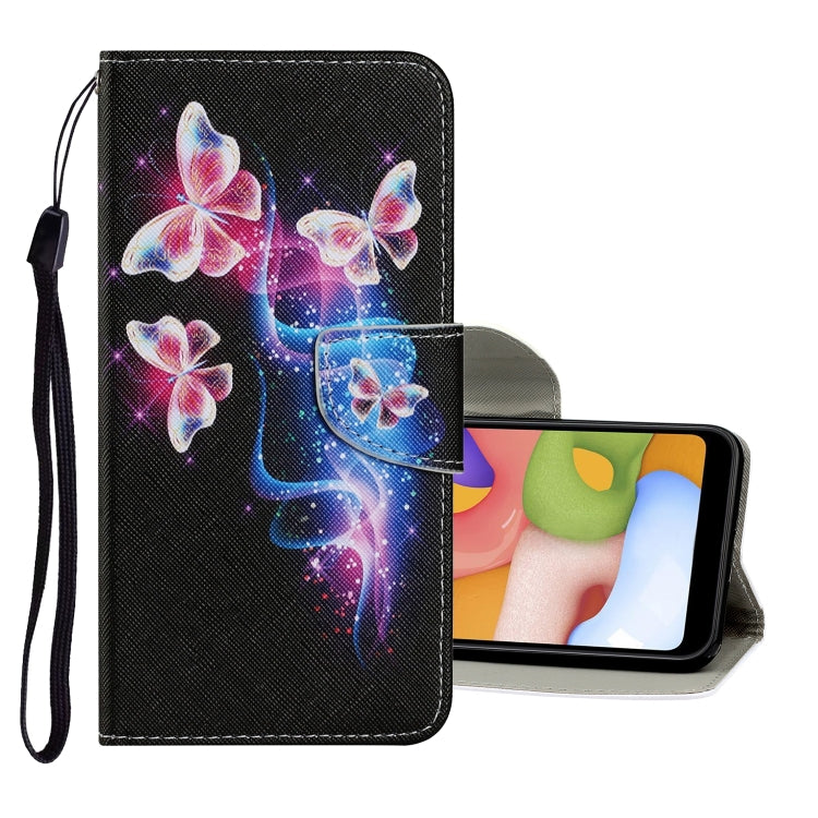 PU leather flip phone case with wrist strap, blue and pink butterfly drawing, card slots