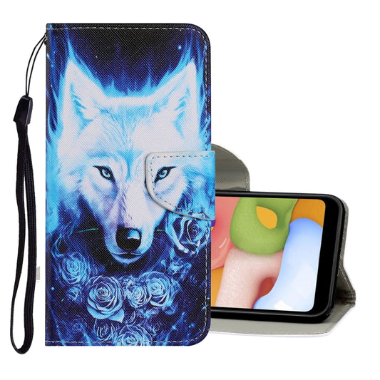 Blue wolf PU leather flip phone case with card slots, holder and wrist lanyard