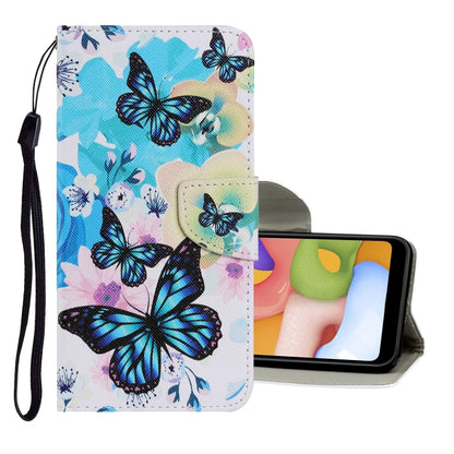 PU leather flip phone wallet case with blue butterflies, card slots, and wrist strap.