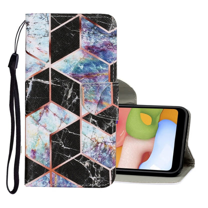 PU leather flip phone wallet case with black and blue geometric pattern, card slots.