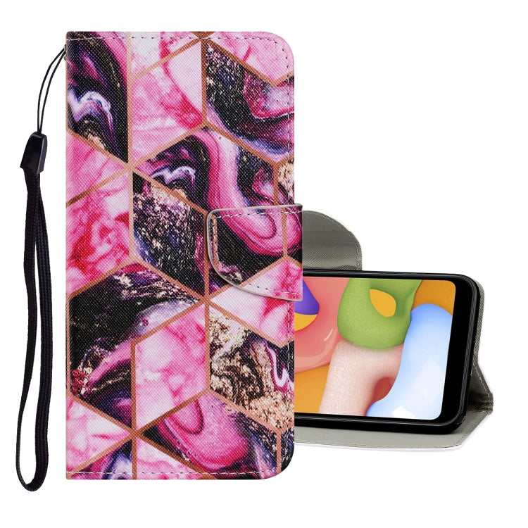 PU leather flip phone case with holder and card slots, pink geometric collage design, wrist strap