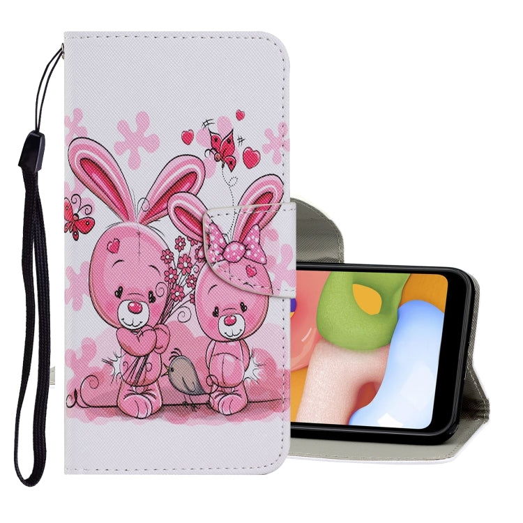 Pink bunny print flip wallet PU leather phone case with card slots and wrist strap