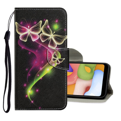 Black night-sky butterfly flip wallet PU leather phone case with card slots and wrist strap