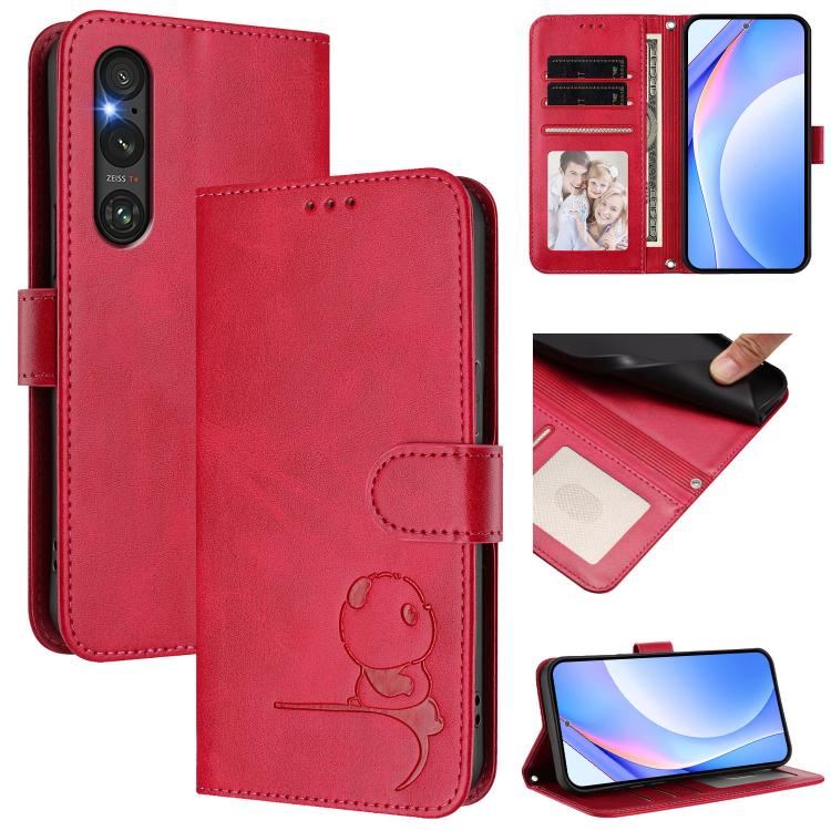Litter Panda Embossing RFID Leather Phone Case with Lanyard, For Sony Xperia 1 VIII, For Sony Xperia 10 VII, For Sony Xperia 1 VII, For Sony Xperia 10 VI, For Sony Xperia 1 VI, For Sony Xperia 5 VI, For Sony Xperia 5 V, For Sony Xperia 1 V             ...