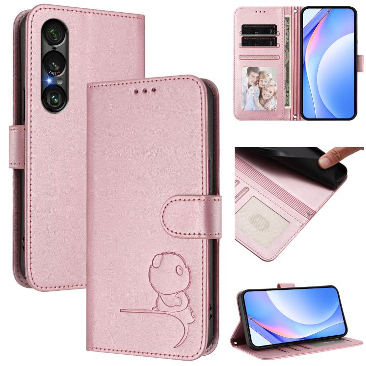 Litter Panda Embossing RFID Leather Phone Case with Lanyard, For Sony Xperia 1 VIII, For Sony Xperia 10 VII, For Sony Xperia 1 VII, For Sony Xperia 10 VI, For Sony Xperia 1 VI, For Sony Xperia 5 VI, For Sony Xperia 5 V, For Sony Xperia 1 V             ...