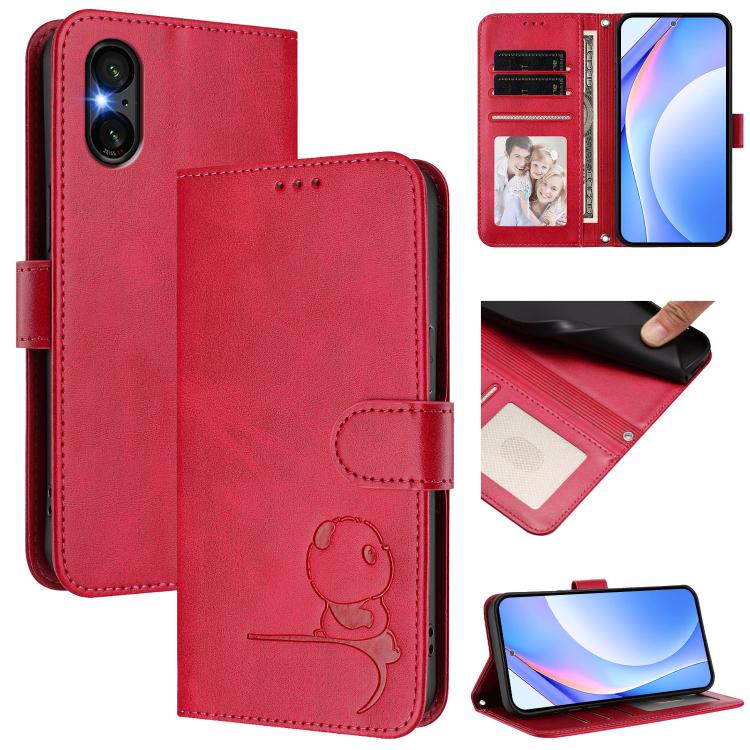 Litter Panda Embossing RFID Leather Phone Case with Lanyard, For Sony Xperia 1 VIII, For Sony Xperia 10 VII, For Sony Xperia 1 VII, For Sony Xperia 10 VI, For Sony Xperia 1 VI, For Sony Xperia 5 VI, For Sony Xperia 5 V, For Sony Xperia 1 V             ...