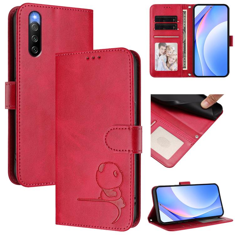 Litter Panda Embossing RFID Leather Phone Case with Lanyard, For Sony Xperia 1 VIII, For Sony Xperia 10 VII, For Sony Xperia 1 VII, For Sony Xperia 10 VI, For Sony Xperia 1 VI, For Sony Xperia 5 VI, For Sony Xperia 5 V, For Sony Xperia 1 V             ...