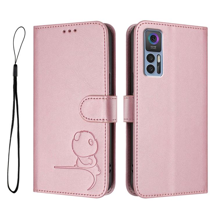 Litter Panda Embossing RFID Leather Phone Case with Lanyard, For TCL 30 4G / 30 5G / 30 Plus, For TCL 30 SE, For TCL 30 XE 5G / 30V 5G / T781S
