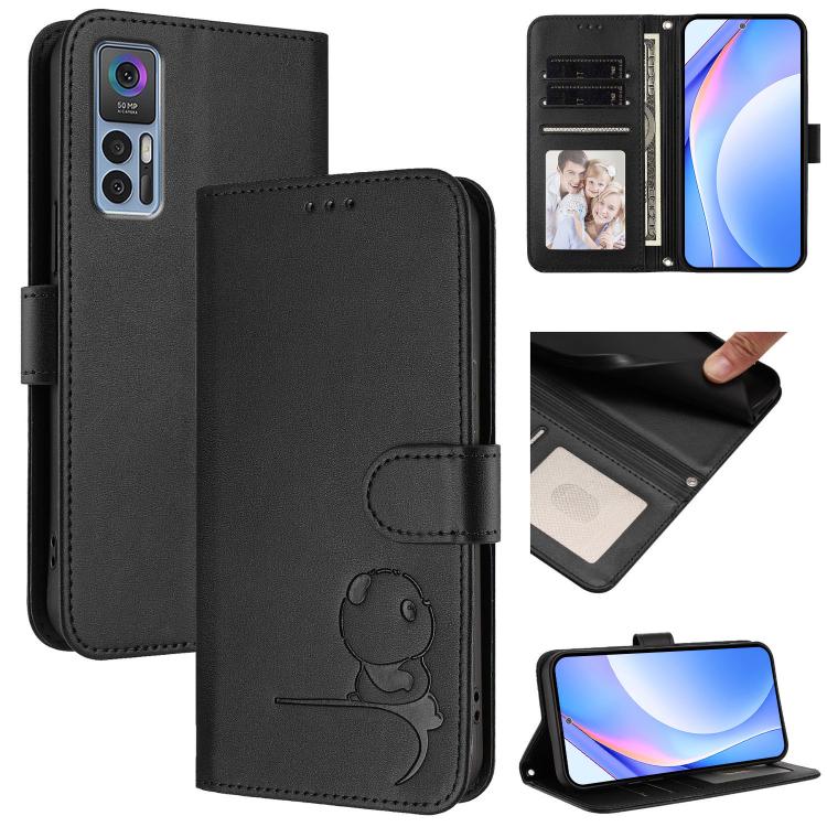 Litter Panda Embossing RFID Leather Phone Case with Lanyard, For TCL 30 4G / 30 5G / 30 Plus, For TCL 30 SE, For TCL 30 XE 5G / 30V 5G / T781S