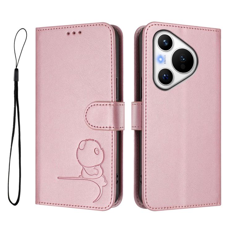 Litter Panda Embossing RFID Leather Phone Case with Lanyard, For Huawei Pura 70, For Huawei Mate 60 Pro / 60 Pro+, For Huawei Mate 60, For Huawei P60 Art, For Huawei P60 / P60 Pro
