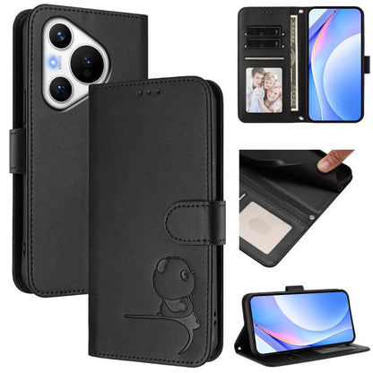 Litter Panda Embossing RFID Leather Phone Case with Lanyard, For Huawei Pura 70, For Huawei Mate 60 Pro / 60 Pro+, For Huawei Mate 60, For Huawei P60 Art, For Huawei P60 / P60 Pro