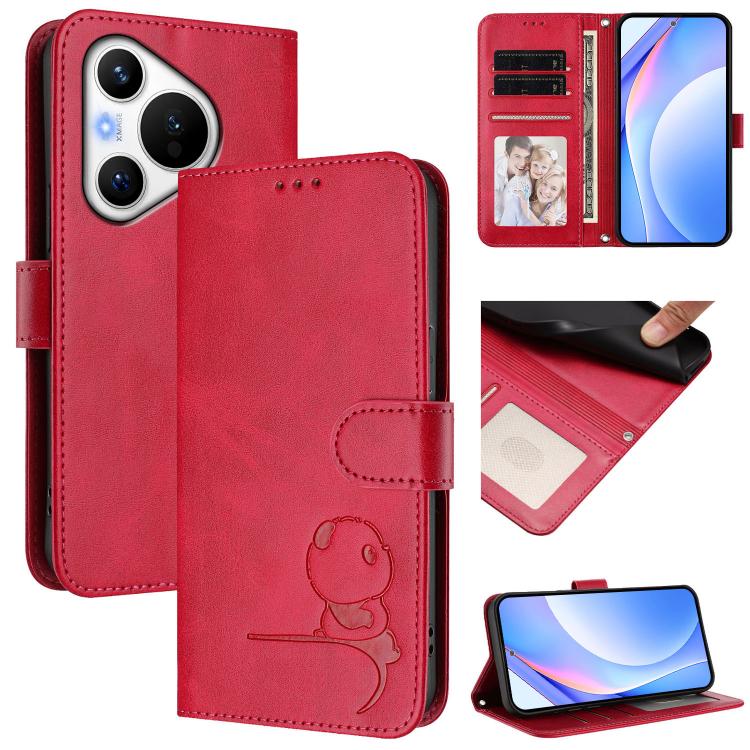 Litter Panda Embossing RFID Leather Phone Case with Lanyard, For Huawei Pura 70, For Huawei Mate 60 Pro / 60 Pro+, For Huawei Mate 60, For Huawei P60 Art, For Huawei P60 / P60 Pro