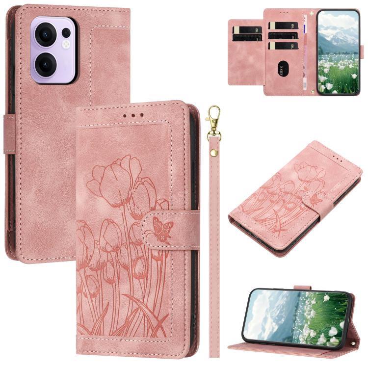 Tulips Embossed Leather Phone Case with Lanyard, For OPPO Reno16 F / Reno16 FS 5G, For OPPO Reno16 / Reno16 Pro Global, For OPPO Reno14 F 5G, For OPPO Reno14 5G Global, For OPPO Reno13 F 5G / 4G, For OPPO Reno11 F
