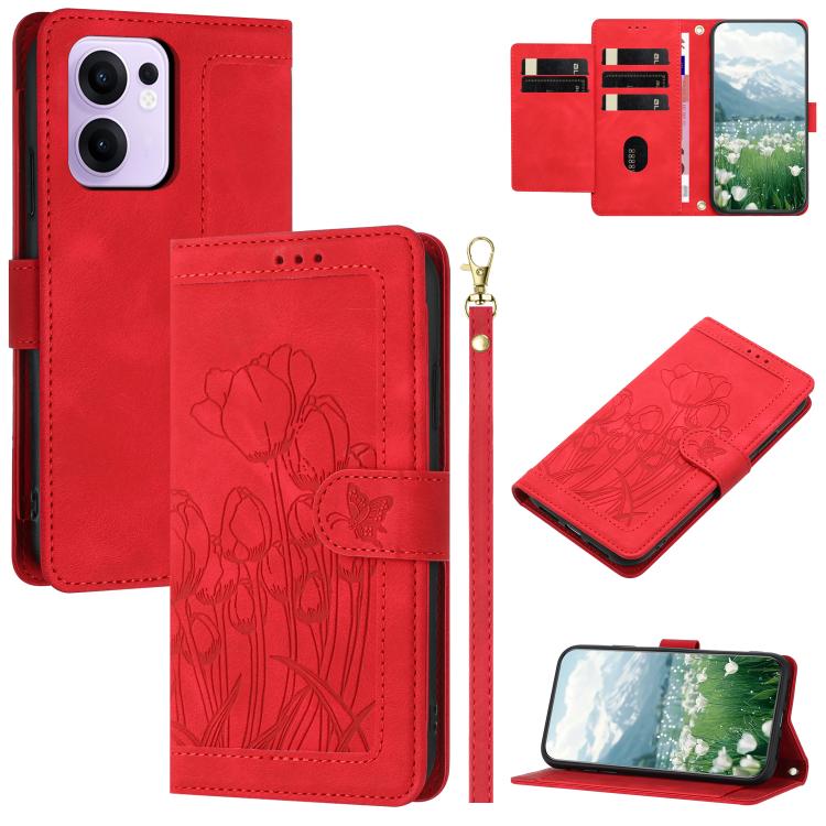 Tulips Embossed Leather Phone Case with Lanyard, For OPPO Reno16 F / Reno16 FS 5G, For OPPO Reno16 / Reno16 Pro Global, For OPPO Reno14 F 5G, For OPPO Reno14 5G Global, For OPPO Reno13 F 5G / 4G, For OPPO Reno11 F