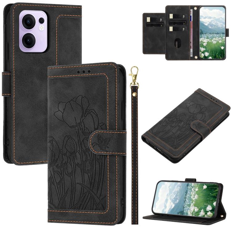 Tulips Embossed Leather Phone Case with Lanyard, For OPPO Reno16 F / Reno16 FS 5G, For OPPO Reno16 / Reno16 Pro Global, For OPPO Reno14 F 5G, For OPPO Reno14 5G Global, For OPPO Reno13 F 5G / 4G, For OPPO Reno11 F