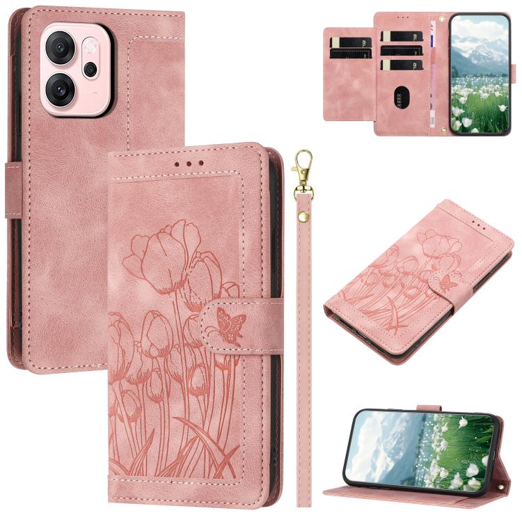 Tulips Embossed Leather Phone Case with Lanyard, For OPPO Reno16 F / Reno16 FS 5G, For OPPO Reno16 / Reno16 Pro Global, For OPPO Reno14 F 5G, For OPPO Reno14 5G Global, For OPPO Reno13 F 5G / 4G, For OPPO Reno11 F