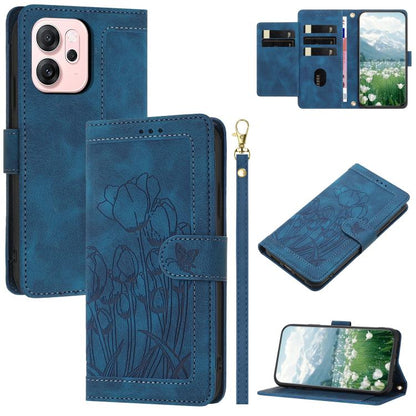 Tulips Embossed Leather Phone Case with Lanyard, For OPPO Reno16 F / Reno16 FS 5G, For OPPO Reno16 / Reno16 Pro Global, For OPPO Reno14 F 5G, For OPPO Reno14 5G Global, For OPPO Reno13 F 5G / 4G, For OPPO Reno11 F