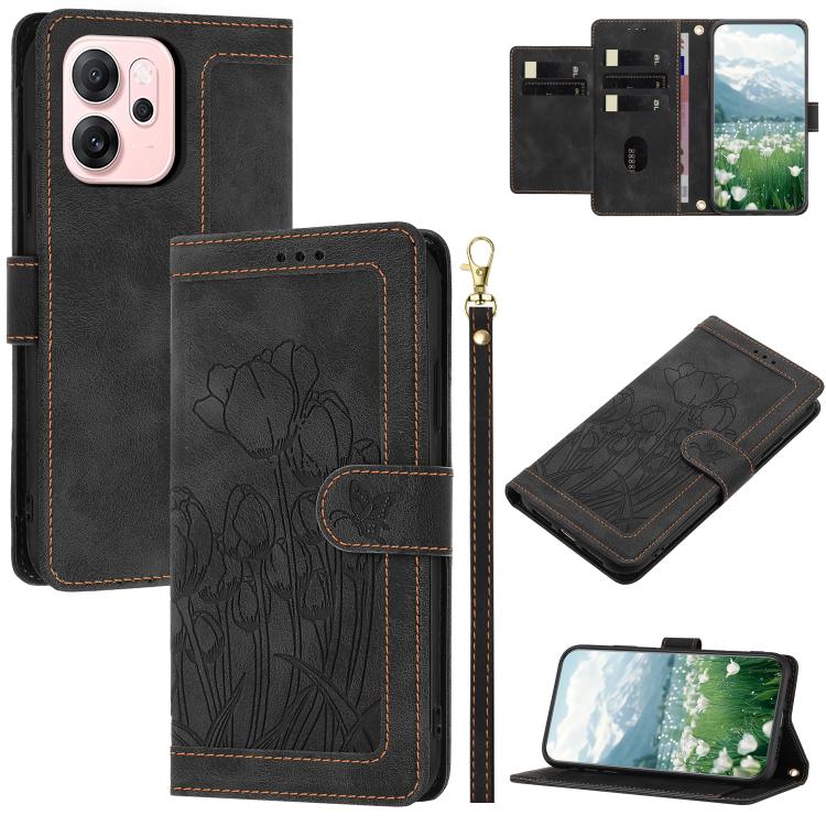 Tulips Embossed Leather Phone Case with Lanyard, For OPPO Reno16 F / Reno16 FS 5G, For OPPO Reno16 / Reno16 Pro Global, For OPPO Reno14 F 5G, For OPPO Reno14 5G Global, For OPPO Reno13 F 5G / 4G, For OPPO Reno11 F