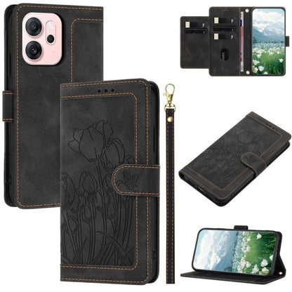 Tulips Embossed Leather Phone Case with Lanyard, For OPPO Reno16 F / Reno16 FS 5G, For OPPO Reno16 / Reno16 Pro Global, For OPPO Reno14 F 5G, For OPPO Reno14 5G Global, For OPPO Reno13 F 5G / 4G, For OPPO Reno11 F