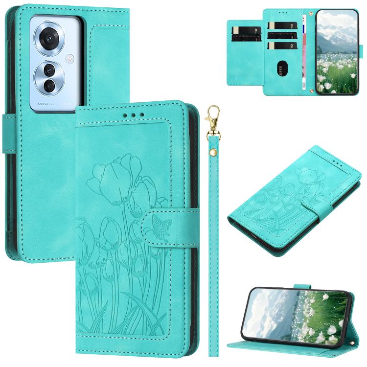 Tulips Embossed Leather Phone Case with Lanyard, For OPPO Reno16 F / Reno16 FS 5G, For OPPO Reno16 / Reno16 Pro Global, For OPPO Reno14 F 5G, For OPPO Reno14 5G Global, For OPPO Reno13 F 5G / 4G, For OPPO Reno11 F