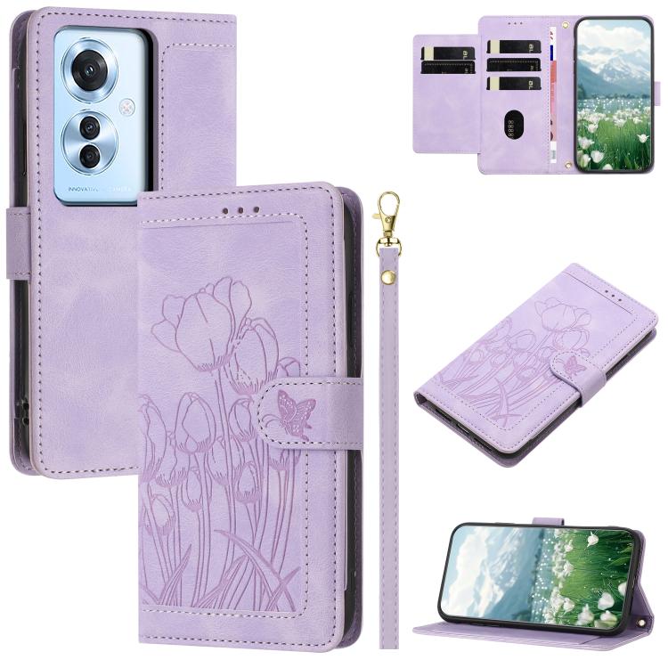 Tulips Embossed Leather Phone Case with Lanyard, For OPPO Reno16 F / Reno16 FS 5G, For OPPO Reno16 / Reno16 Pro Global, For OPPO Reno14 F 5G, For OPPO Reno14 5G Global, For OPPO Reno13 F 5G / 4G, For OPPO Reno11 F