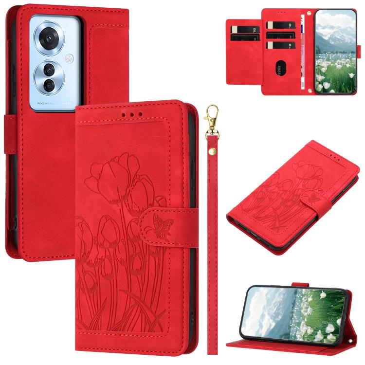 Tulips Embossed Leather Phone Case with Lanyard, For OPPO Reno16 F / Reno16 FS 5G, For OPPO Reno16 / Reno16 Pro Global, For OPPO Reno14 F 5G, For OPPO Reno14 5G Global, For OPPO Reno13 F 5G / 4G, For OPPO Reno11 F