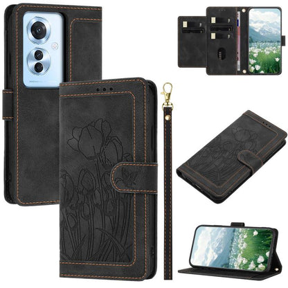 Tulips Embossed Leather Phone Case with Lanyard, For OPPO Reno16 F / Reno16 FS 5G, For OPPO Reno16 / Reno16 Pro Global, For OPPO Reno14 F 5G, For OPPO Reno14 5G Global, For OPPO Reno13 F 5G / 4G, For OPPO Reno11 F