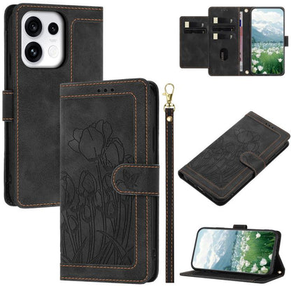 Tulips Embossed Leather Phone Case with Lanyard, For OPPO Reno16 F / Reno16 FS 5G, For OPPO Reno16 / Reno16 Pro Global, For OPPO Reno14 F 5G, For OPPO Reno14 5G Global, For OPPO Reno13 F 5G / 4G, For OPPO Reno11 F