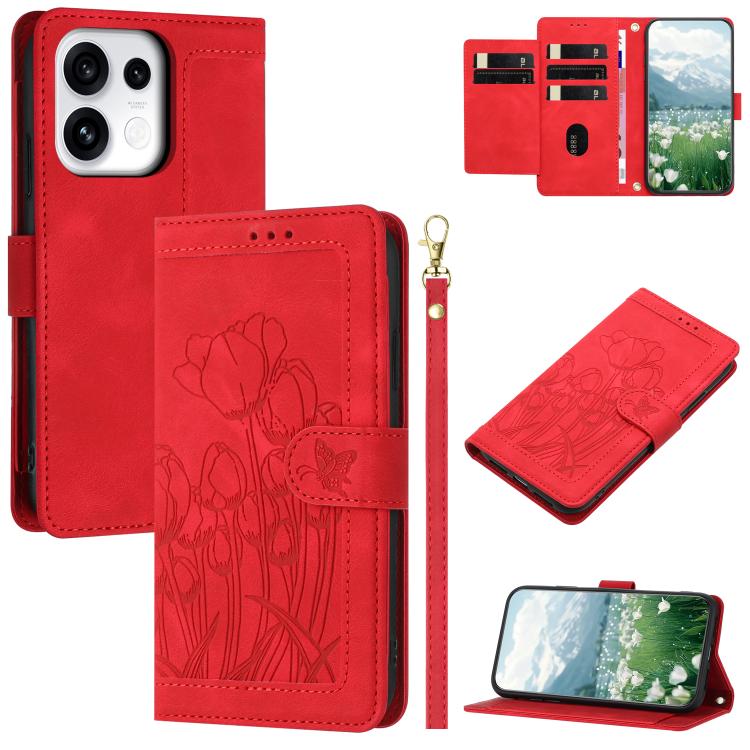 Tulips Embossed Leather Phone Case with Lanyard, For OPPO Reno16 F / Reno16 FS 5G, For OPPO Reno16 / Reno16 Pro Global, For OPPO Reno14 F 5G, For OPPO Reno14 5G Global, For OPPO Reno13 F 5G / 4G, For OPPO Reno11 F