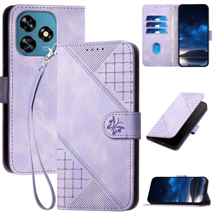 Grid Butterfly Embossed Pattern Leather Phone Case with Lanyard, For Oukitel C17 4G 2026, For Oukitel C26, For Oukitel C53, For Oukitel C51