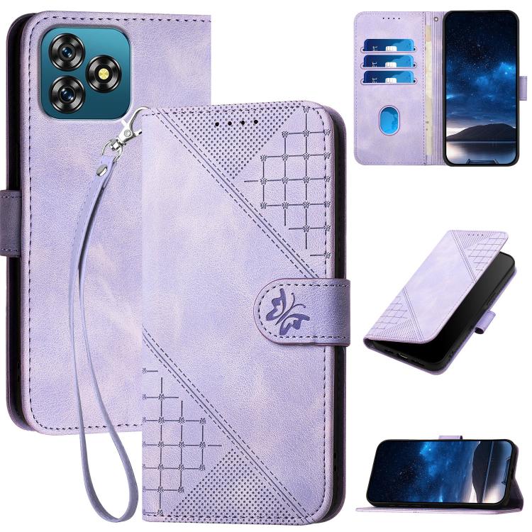 Grid Butterfly Embossed Pattern Leather Phone Case with Lanyard, For Oukitel C17 4G 2026, For Oukitel C26, For Oukitel C53, For Oukitel C51