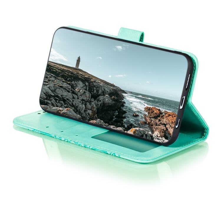 Turquoise flip case propping phone for landscape viewing