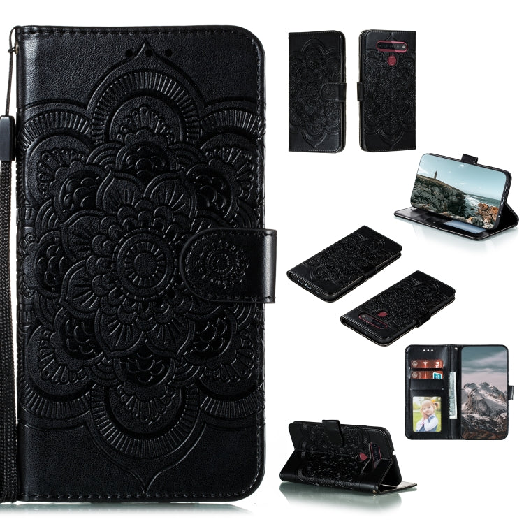 Black mandala embossed PU leather phone case with flip cover, card slots, holder