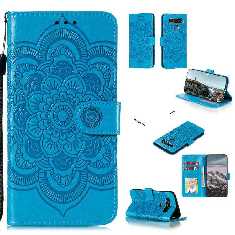 Blue mandala embossed PU leather phone case with flip cover, card slots, holder