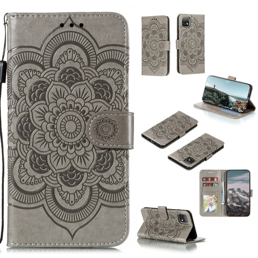 Gray mandala embossed flip PU leather phone case with card slots and wallet