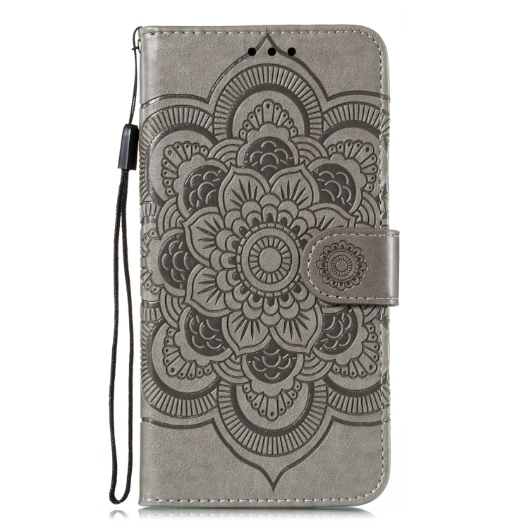 Gray mandala embossed flip PU leather phone case with side strap