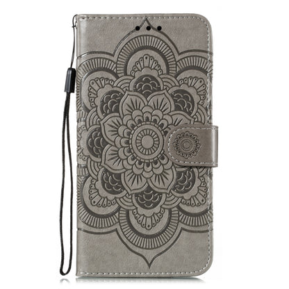 Gray mandala embossed flip PU leather phone case with side strap