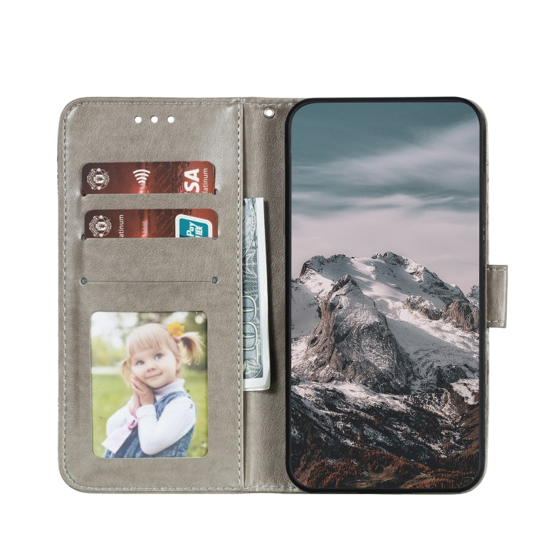 Gray folio flip PU leather phone case showing inner card and photo slots