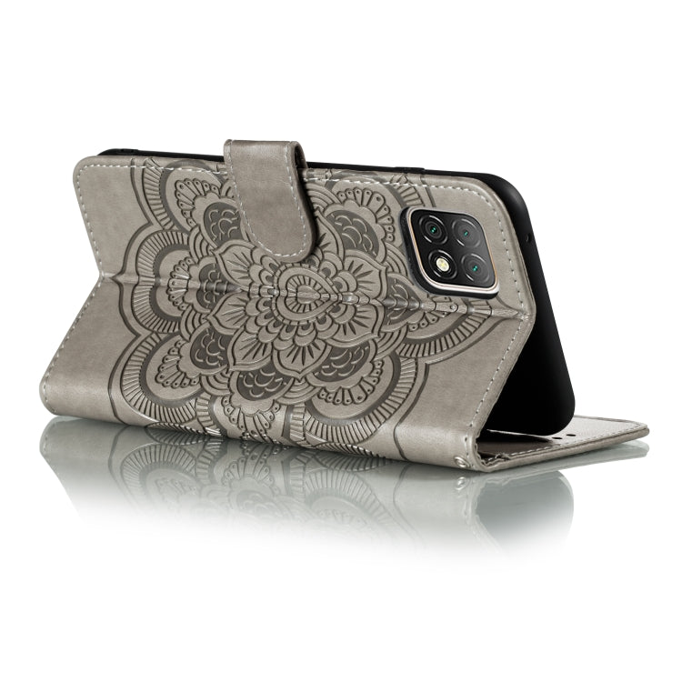 Gray mandala embossed folio flip PU leather phone case with stand fold