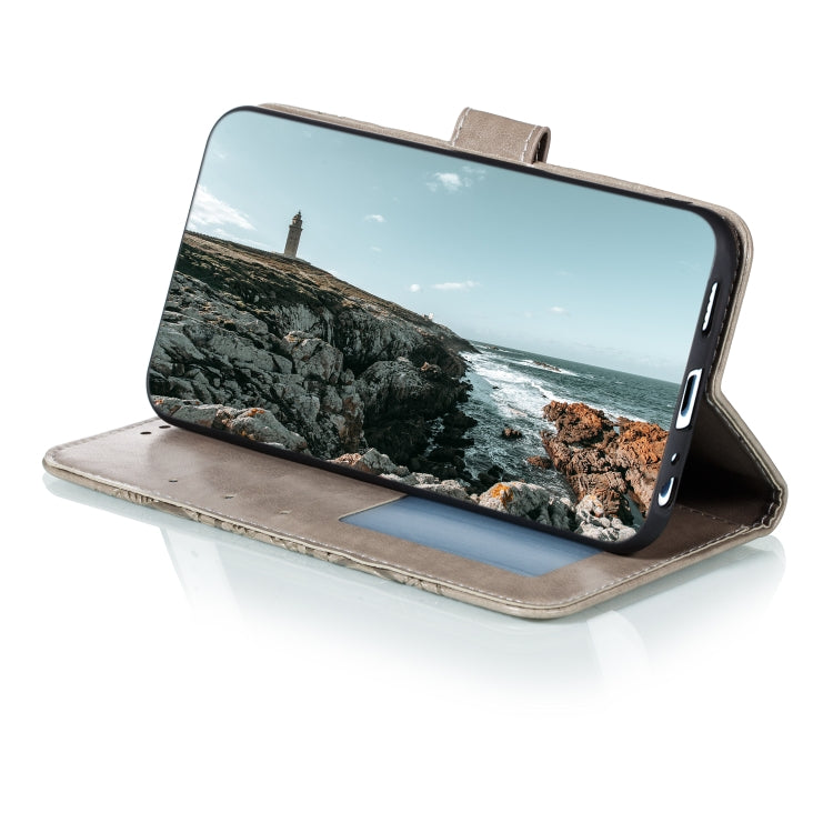 Gray folio flip PU leather phone case propped open as a stand