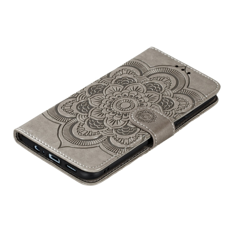 Gray mandala embossed flip PU leather phone case with side cutouts