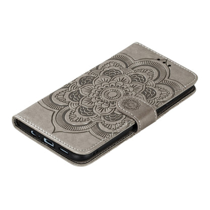 Gray mandala embossed flip PU leather phone case with side cutouts