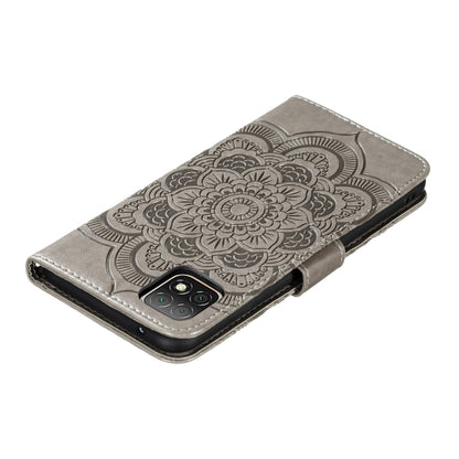 Gray mandala embossed PU leather flip phone case showing back camera opening