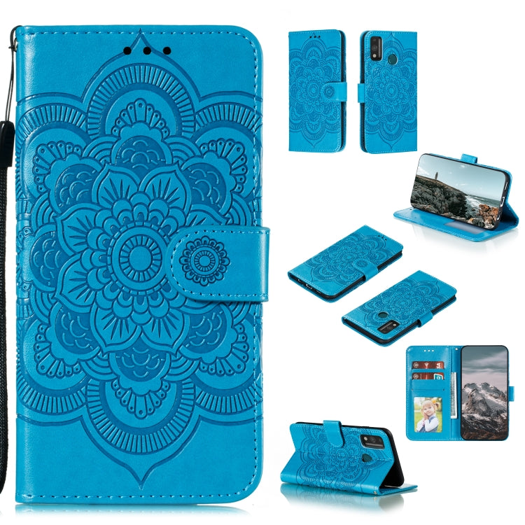 Blue mandala embossed PU leather wallet phone case with card slots and stand